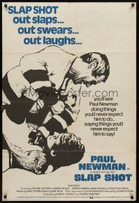 3e837 SLAP SHOT English 1sh '77 cool different image of hockey player Paul Newman in fight!