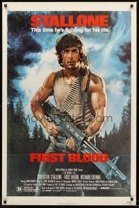3e346 FIRST BLOOD 1sh '82 artwork of Sylvester Stallone as John Rambo by Drew Struzan!