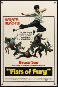3e349 FISTS OF FURY 1sh '73 Bruce Lee gives you the biggest kick of your life, great kung fu image!