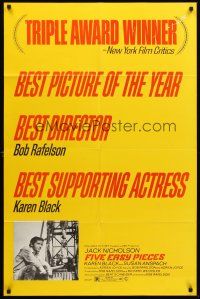 3e351 FIVE EASY PIECES 1sh '70 Nicholson, Rafelson, Best Picture & Best Director Award winner!
