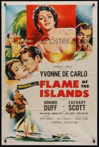 3e352 FLAME OF THE ISLANDS 1sh '55 Yvonne De Carlo kissing Howard Duff & in sexy dress!