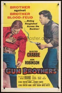 3e440 GUN BROTHERS 1sh '56 Buster Crabbe is shot by brother Neville Brand at close range!