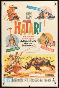 3e448 HATARI 1sh '62 Howard Hawks, great artwork images of John Wayne in Africa!