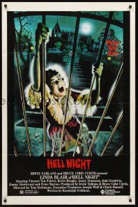 3e454 HELL NIGHT 1sh '81 artwork of Linda Blair trying to escape haunted house by Jarvis!