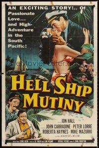 3e455 HELL SHIP MUTINY 1sh '57 Jon Hall kisses tropical bikini babe, John Carradine, Peter Lorre!