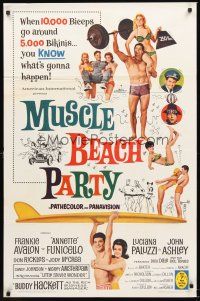 3e646 MUSCLE BEACH PARTY 1sh '64 Frankie & Annette, 10,000 biceps & 5,000 bikinis!