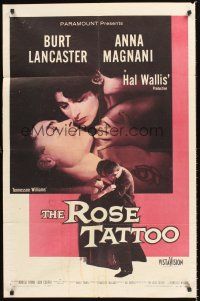 3e797 ROSE TATTOO 1sh '55 Burt Lancaster, Anna Magnani, written by Tennessee Williams!