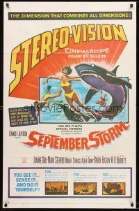 3e814 SEPTEMBER STORM 1sh '60 art of sexy scuba diver attacked by shark, in Stereo-Vision!