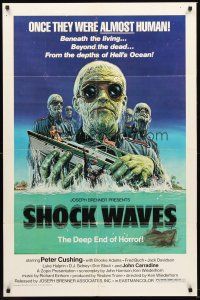3e823 SHOCK WAVES 1sh '77 Peter Cushing, cool art of wacky ocean zombies terrorizing boat!