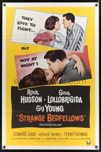 3e876 STRANGE BEDFELLOWS 1sh '65 Gina Lollobrigida & Rock Hudson love to fight, but not at night!