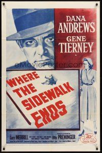 3e979 WHERE THE SIDEWALK ENDS 1sh R55 Dana Andrews, sexy Gene Tierney, Otto Preminger noir!