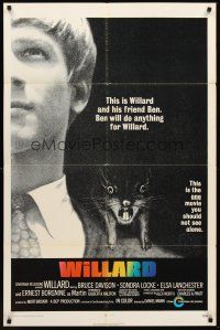 3e984 WILLARD int'l 1sh '71 creepy close up of Bruce Davison with pet rat on shoulder!