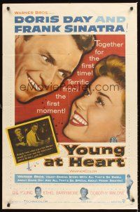 3e997 YOUNG AT HEART 1sh '54 great close up image of Doris Day & Frank Sinatra!