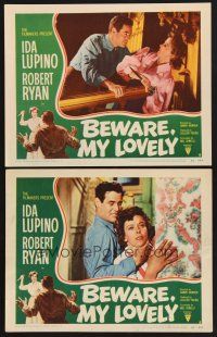 3f951 BEWARE MY LOVELY 2 LCs '52 intense scenes with Ida Lupino trapped by crazy Robert Ryan!