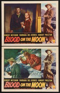 3f954 BLOOD ON THE MOON 2 LCs '49 cowboy Robert Mitchum, Barbara Bel Geddes, Robert Wise