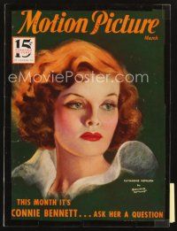 3g091 MOTION PICTURE magazine March 1933 wonderful artwork of Katharine Hepburn by Marland Stone!