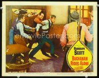 3h211 BUCHANAN RIDES ALONE LC #7 '58 Randolph Scott grabbed by guys in bar, Budd Boetticher