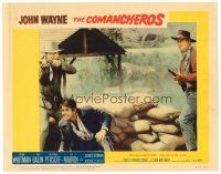 3h255 COMANCHEROS LC #5 '61 cowboy John Wayne & men by sandbags, directed by Michael Curtiz!