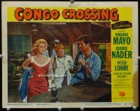 3h261 CONGO CROSSING LC #7 '56 Virginia Mayo & Peter Lorre look at George Nader holding big snake!