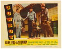 3h268 COWBOY LC #3 '58 Glenn Ford holding saddle standing by Jack Lemmon & cowboy!