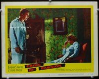 3h272 CRIME OF PASSION LC #8 '57 Sterling Hayden stares down at Barbara Stanwyck seated in chair!