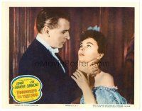 3h370 FOOTSTEPS IN THE FOG LC '55 close up of Stewart Granger choking pretty Jean Simmons!