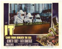 3h479 IT CAME FROM BENEATH THE SEA LC '55 Ray Harryhausen, men in radiation suits in lab!