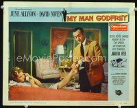 3h585 MY MAN GODFREY LC #4 '57 butler David Niven puts Martha Hyer's shoe on!