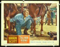 3h754 TALL MAN RIDING LC #4 '55 Randolph Scott kneeling on ground between two horses!