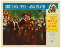 3h885 WORLD IN HIS ARMS LC #6 '52 close up of Gregory Peck carrying Ann Blyth at fancy party!