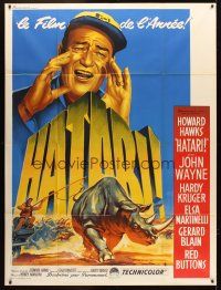 3m410 HATARI French 1p '62 Howard Hawks, best art of John Wayne in Africa by Roger Soubie!
