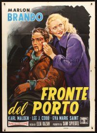 3m174 ON THE WATERFRONT Italian 1p R60 art of Marlon Brando & Eva Marie Saint by Luigi Martinati!