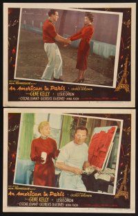 3p589 AMERICAN IN PARIS 2 LCs '51 dancer Gene Kelly w/sexy Leslie Caron & Nina Foch!
