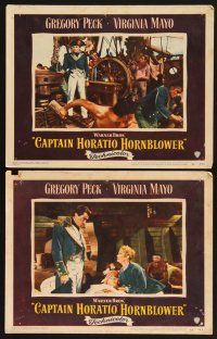 3p639 CAPTAIN HORATIO HORNBLOWER 2 LCs '51 Captain Gregory Peck on deck & pretty Virginia Mayo!