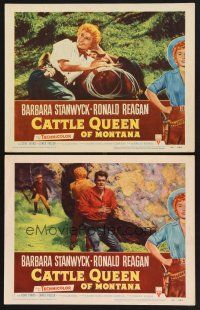 3p642 CATTLE QUEEN OF MONTANA 2 LCs '54 great image of cowgirl Barbara Stanwyck & Ronald Reagan!