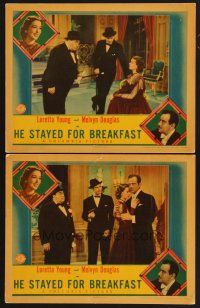 3p738 HE STAYED FOR BREAKFAST 2 LCs '40 cool images of Loretta Young & Melvyn Douglas!