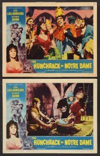 3p759 HUNCHBACK OF NOTRE DAME 2 LCs '57 Anthony Quinn as Quasimodo, sexy Gina Lollobrigida!