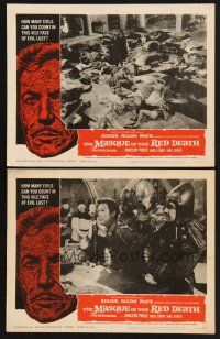 3p807 MASQUE OF THE RED DEATH 2 LCs '64 Vincent Price, c/u of terrified man about to be sacrificed!