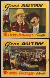 3p069 WESTERN JAMBOREE 5 LCs '38 crowd celebrates in saloon with Gene Autry & Smiley Burnette!