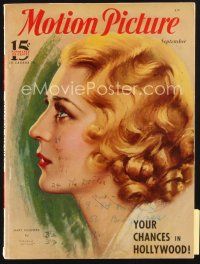 3r087 MOTION PICTURE magazine September 1933 profile art c/u of Mary Pickford by Marland Stone!