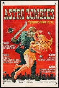 3s039 ASTRO-ZOMBIES 1sh R71 Ted V. Mikels, art of wacky creature w/huge knife attacking sexy girl!
