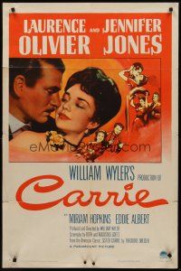 3s128 CARRIE 1sh '52 romantic art of Laurence Olivier & Jennifer Jones, William Wyler
