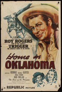 3s333 HOME IN OKLAHOMA 1sh '46 great headshort art of Roy Rogers, plus Dale Evans & Gabby!