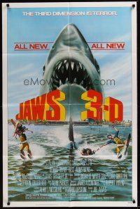 3s376 JAWS 3-D 1sh '83 great Gary Meyer shark artwork, the third dimension is terror!