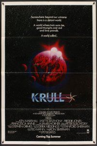 3s399 KRULL advance 1sh '83 Ken Marshall & Lysette Anthony, sci-fi art of world in monster's hand!