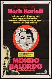 3s504 MONDO BALORDO 1sh '67 Boris Karloff unlocks man's oldest oddities & shocking scenes!