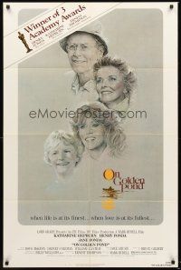 3s562 ON GOLDEN POND Academy Awards style 1sh '81 art of Hepburn, Henry & Jane Fonda by de Mar!