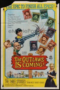 3s579 OUTLAWS IS COMING 1sh '65 The Three Stooges with Curly-Joe are wacky cowboys!