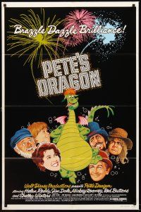 3s591 PETE'S DRAGON 1sh '77 Walt Disney, colorful art of cast headshots & dragon by Paul Wenzel!