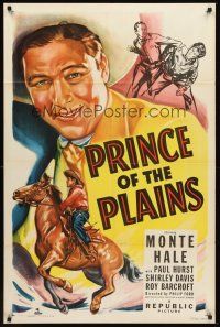 3s624 PRINCE OF THE PLAINS 1sh '49 cool art of cowboy Monte Hale close up & riding his horse!